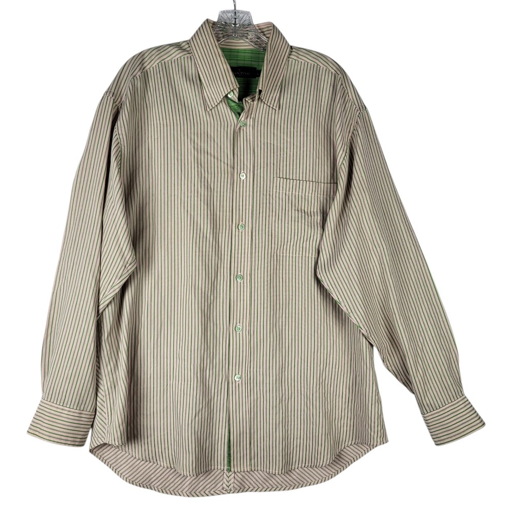 Bugatchi Uomo Striped Shirt Men's Large Lime Green Beige Button Down Long Sleeve